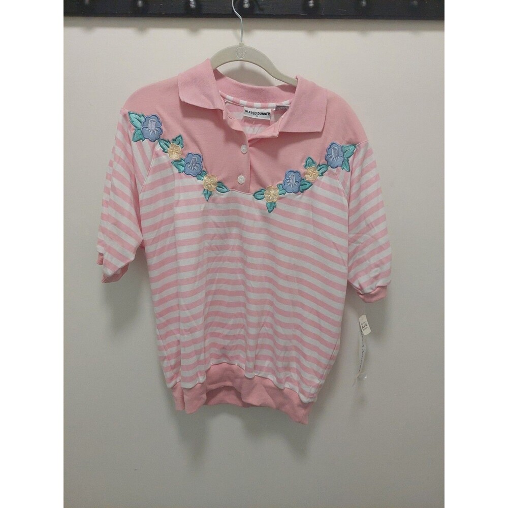 Vintage Alfred Dunner Banded Bottom Top Pink Stripes With Flowers Grandma Core